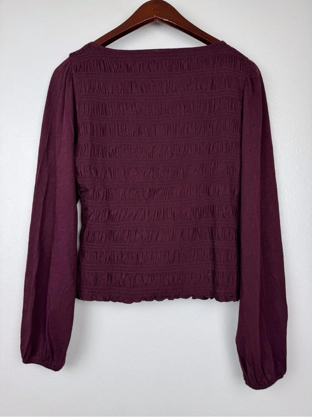 Madewell Smocked Cotton Boatneck Puff Sleeves Slim Fit Top Burgundy Size M NWT